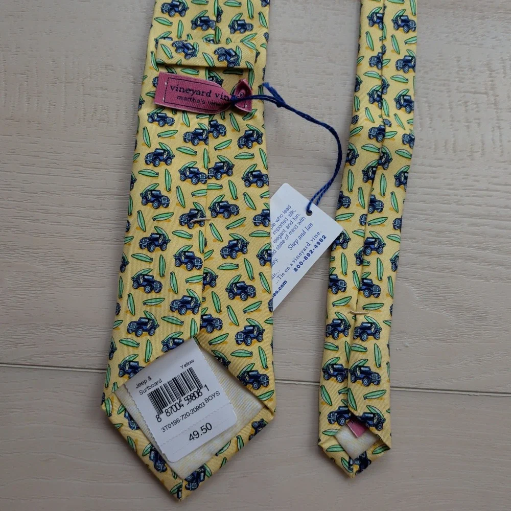 NEW Vineyard Vines Boys Jeep & Surfboard Silk Tie Yellow Hand Made in USA